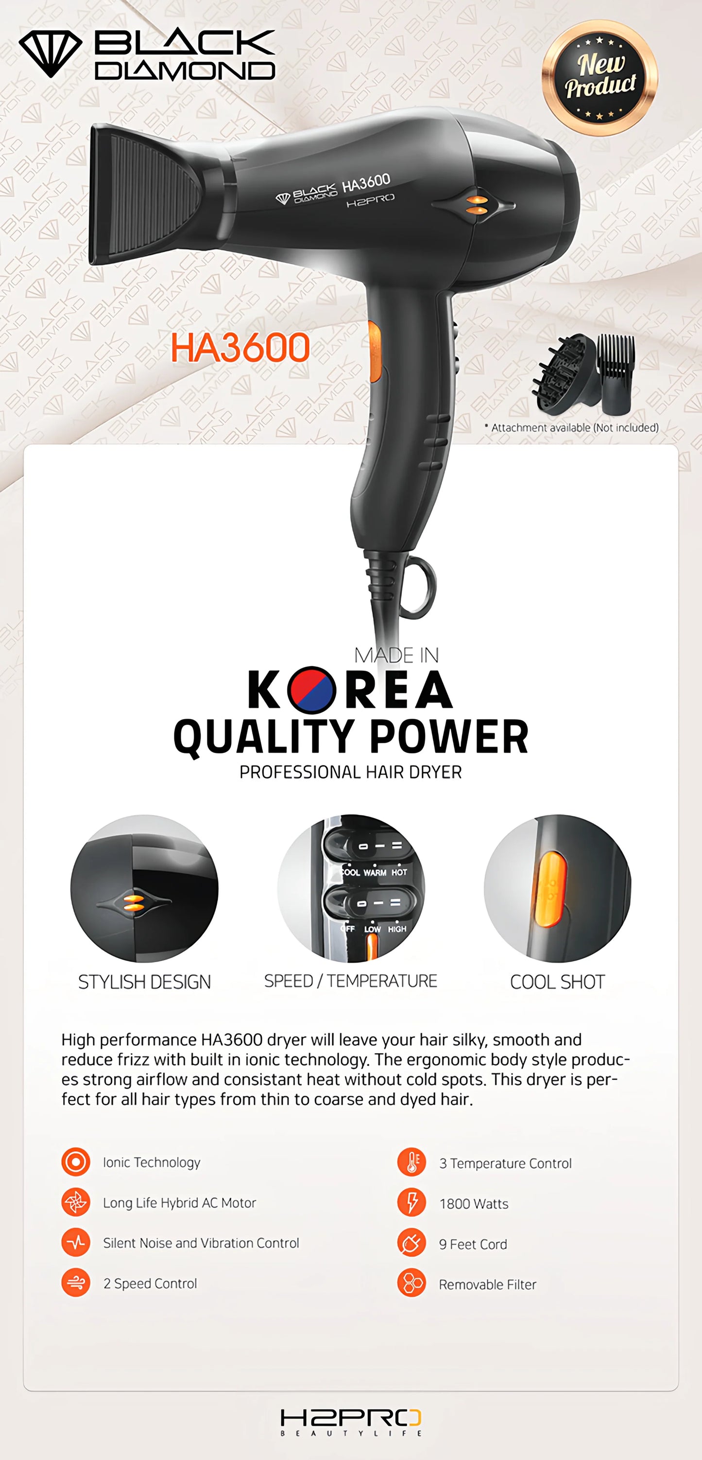 H2PRO Black Diamond HA3600 - Professional Hair Dryer