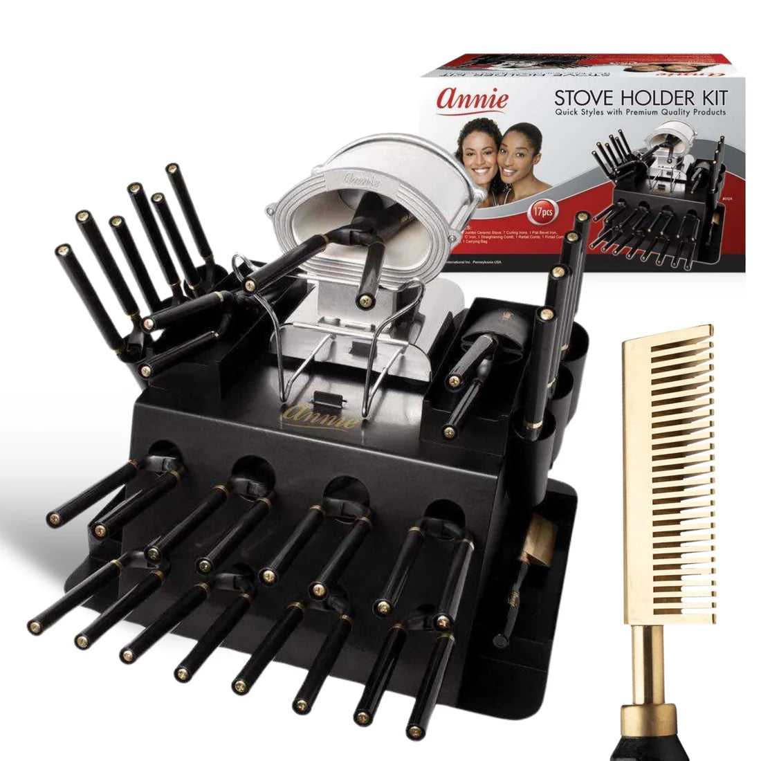Annie Professional Thermal Curling Iron Holder Kit, 17 Piece Set, Black