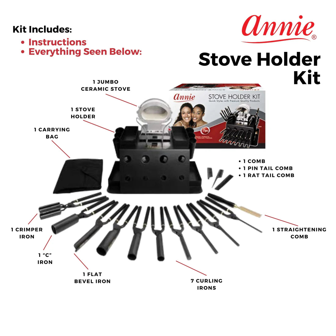 Annie Professional Thermal Curling Iron Holder Kit, 17 Piece Set, Black