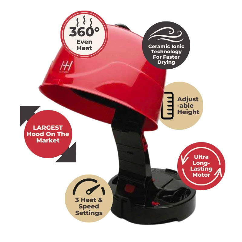 Hot & Hotter Super Large Turbo Pro Hood Dryer 3000 Portable Hair Dryer-Red